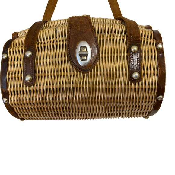 VINTAGE 1950's LINED WICKER RATTAN PURSE "Handmade in British Hong Kong" Label - Picture 2 of 7